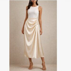 Elegant Champagne Satin Midi Skirt | Pearl Button Draped High-Waist Skirt